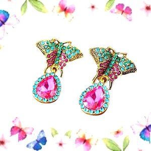 Butterfly Earrings Rhinestones Drop Dangle Crystal Accents Art Deco Festive New